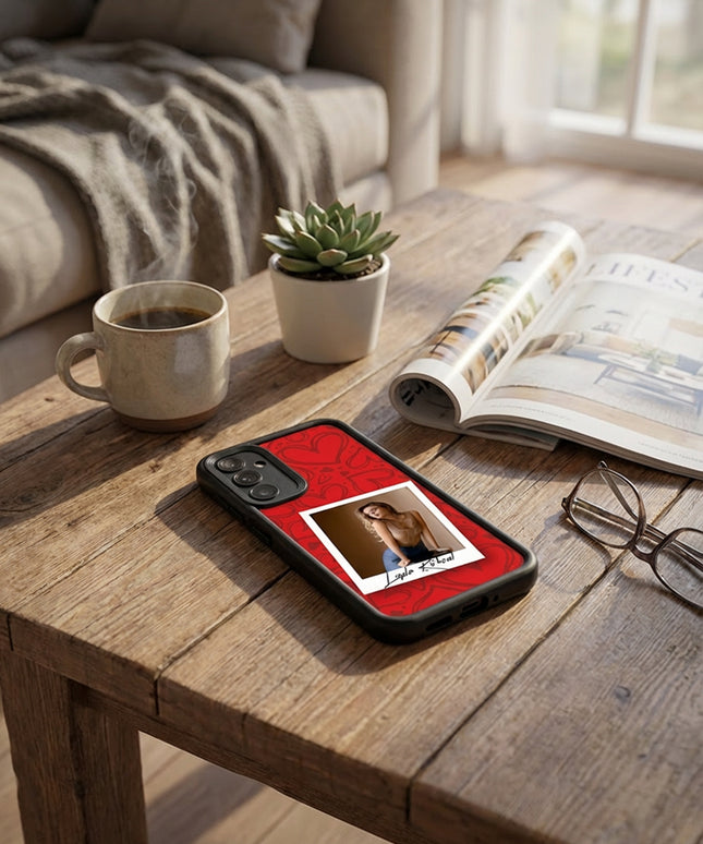 Kişiye Özel Samsung A Serisi Telefon Kılıfı Polaroid Kırmızı Kalp (Fotoğraflı & İsimli) | tasarla kutla