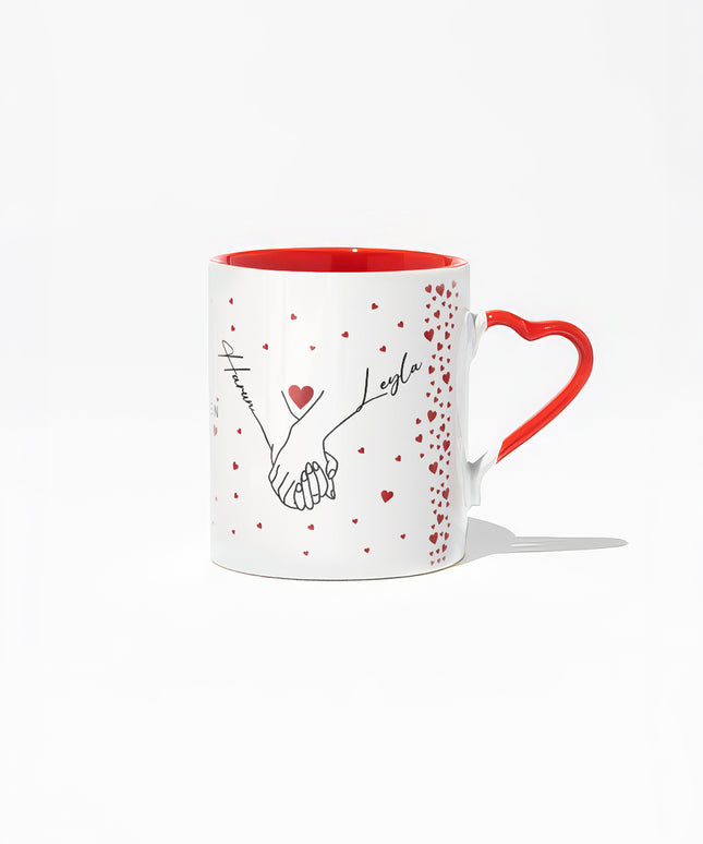 Kişiye Özel Kırmızı Kalp Kulplu El Ele (İsim ve Tarihli) Kupa