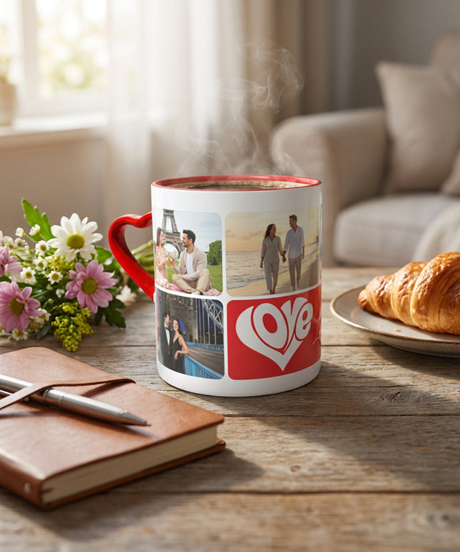 Kişiye Özel Kalpli Kupa – İsim & Tarih & 6'lı Fotoğraf