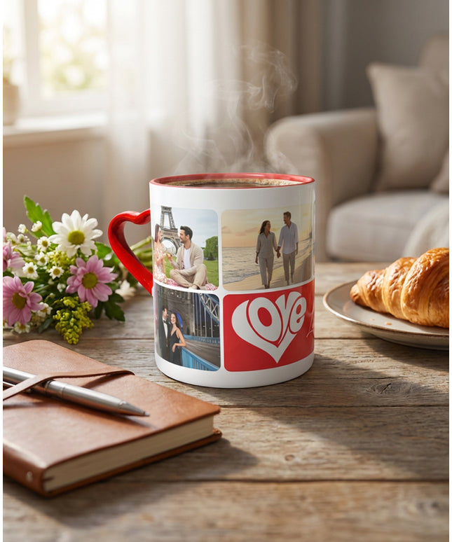 Kişiye Özel Kalpli Kupa – İsim & Tarih & 6'lı Fotoğraf