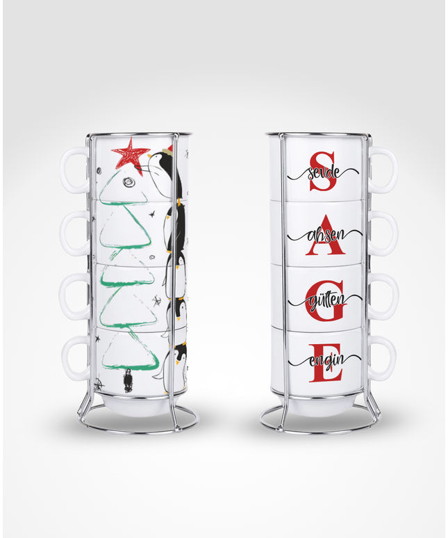 Standlı 4'lü Fincan Seti (Penguen + İsim)