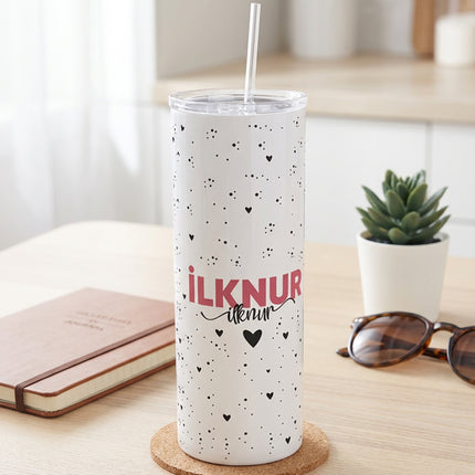 Benekli Kalp Metal Pipetli Termos Özel Kutu (İsim Baskılı)