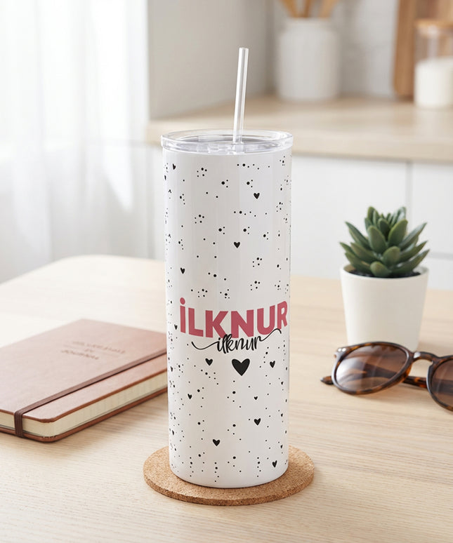 Benekli Kalp Metal Pipetli Termos Özel Kutu (İsim Baskılı)